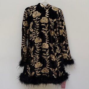 Black and Gold Floral Dress with Feather Trim